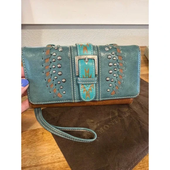 Montana West Wallet Women OS Turquoise Brown Western Studded Whipstitch Wristlet