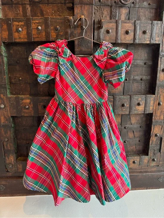 Janie and Jack Red Plaid Holiday Puff-Sleeve Kids Dress
