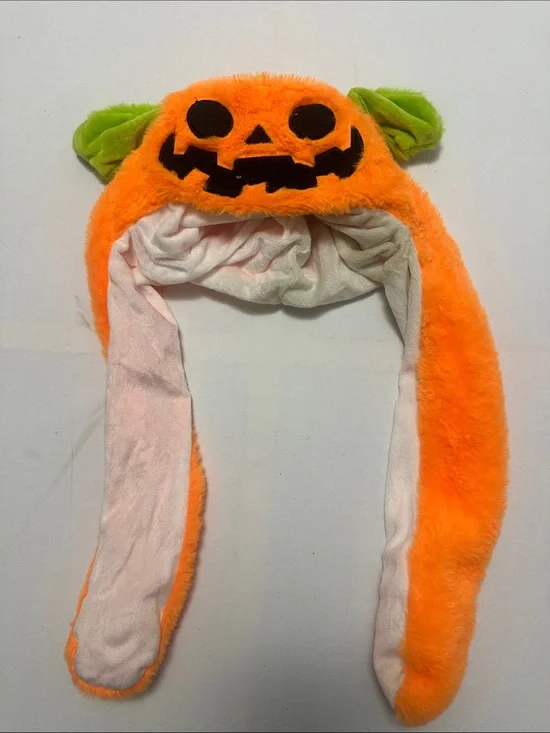 Kids Plush Pumpkin Hat with Ear Flaps - Orange & Green
