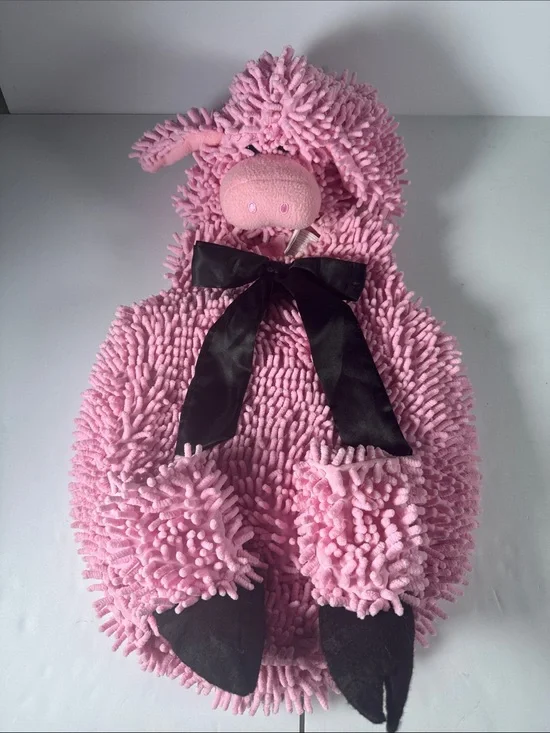 Pink Plush pig Kids Costume with Black Bow