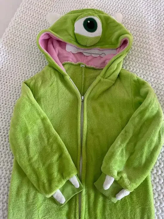 Disney Pixar Monsters Inc Mike Wazowski Fleece Hooded Jumpsuit Costume Size 7-8Y