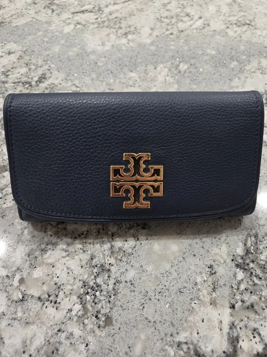 Tory Burch Navy Pebbled Leather Wallet with Gold Logo Emblem