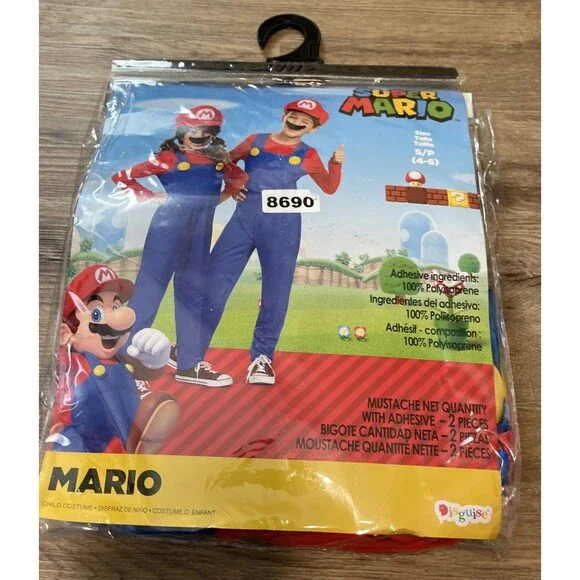 Super Mario Deluxe Costume, Kids size S 4-6 Jumpsuit/Hat/Mustache - New