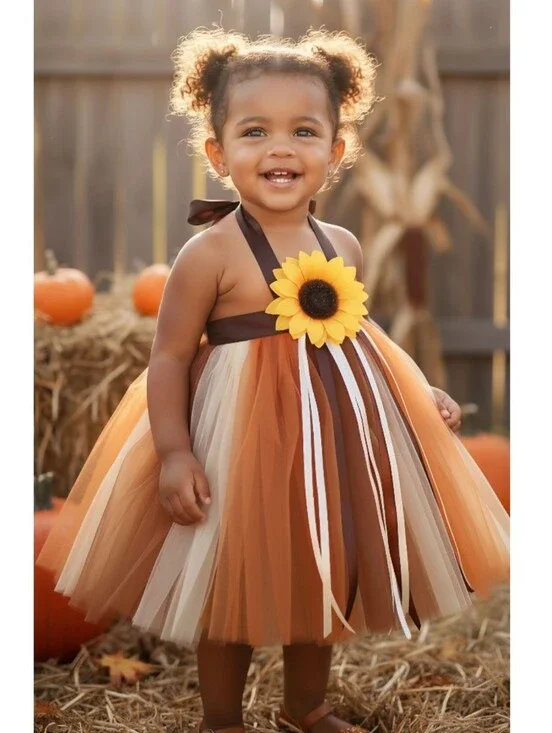 Girl Fall Sunflower Tutu Dress Halter Ribbon Halloween Pumpkin Patch Outfit 4-5Y