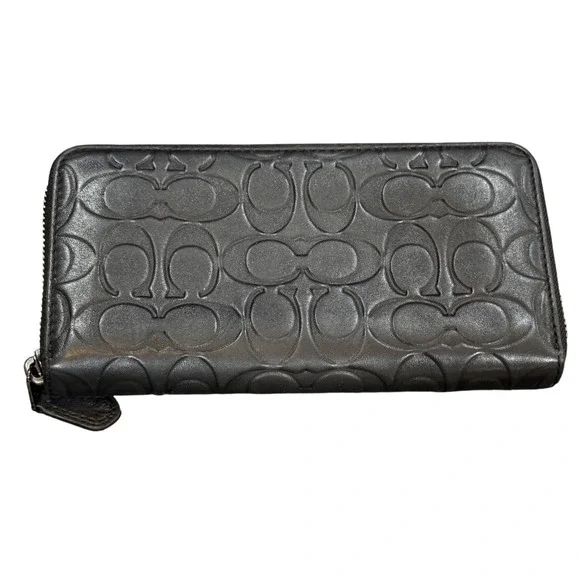 Coach Accordion Zip Wallet Black Signature Debossed‎ Leather Long Clutch Wallet