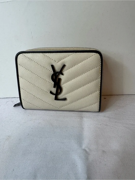 Saint Laurent Cream Quilted Leather Zip Wallet with Black Logo Trim