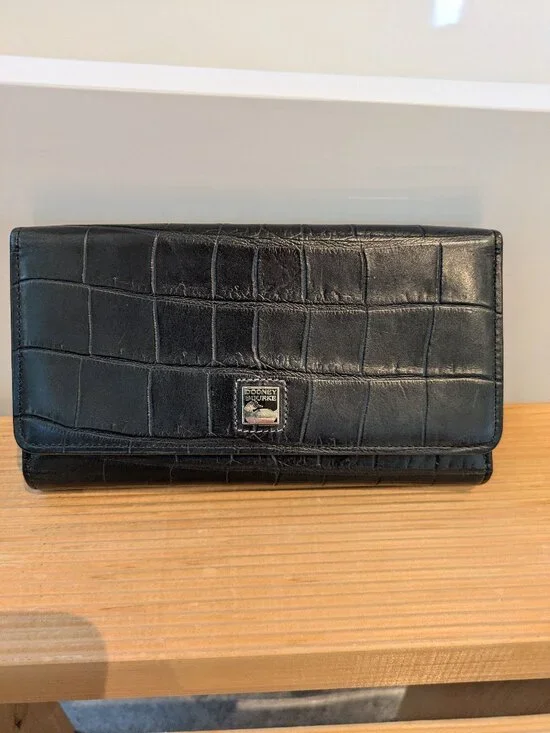 Dooney & Bourke Black Croc-Embossed Leather Continental Flap Wallet.