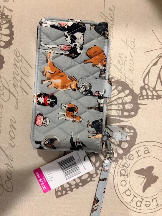 Vera Bradley Light Gray Quilted Dog Print Wristlet