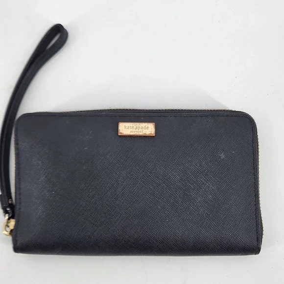 Kate Spade New York Black Leather‎ Zip Around Wristlet Wallet Gold Logo 7x4