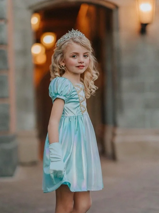 Girls Shimmery Aqua Princess Costume Dress with Gold Trim