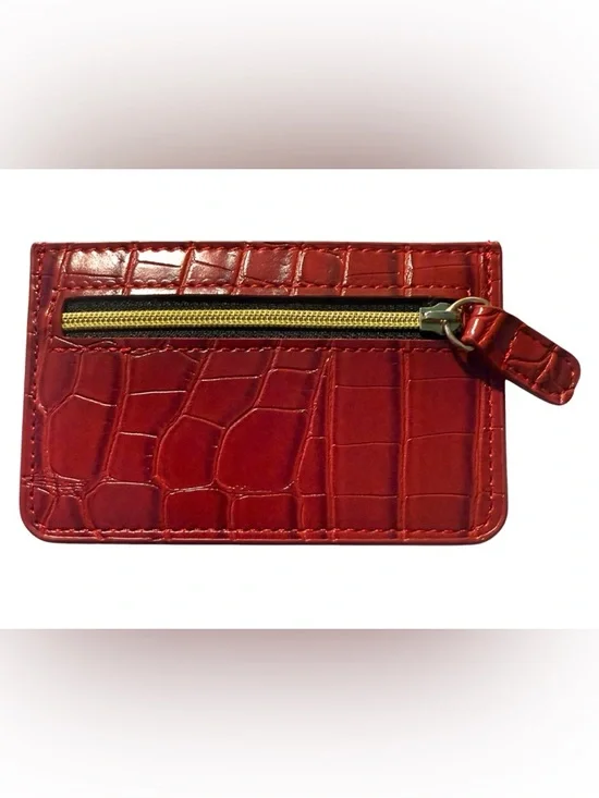 B-Low the Belt Red Croc Embossed Leather Card Holder with Gold Zipper NWOT