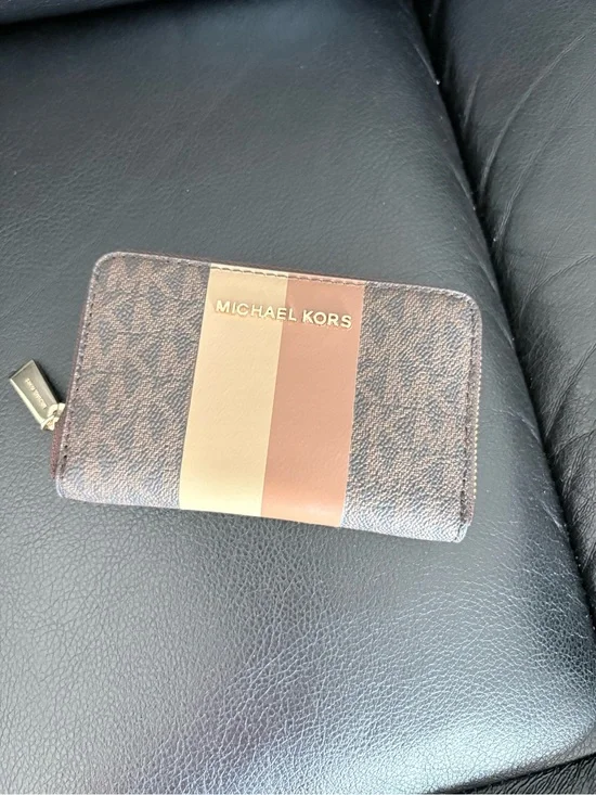 Michael Kors Brown Logo Zip Wallet with Beige and Tan Stripes