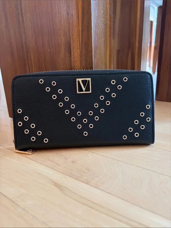 Victoria's Secret Black Zip-Around Wallet with Gold Eyelet Accents
