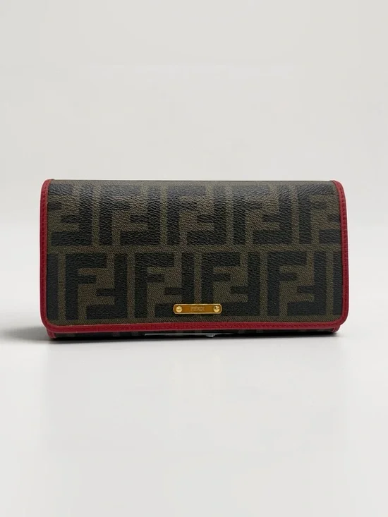 Fendi Brown FF Canvas Continental Wallet with Red Trim