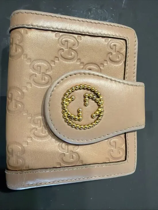 Gucci Guccissima Beige Leather Compact Wallet GG Monogram Bifold Women’s
