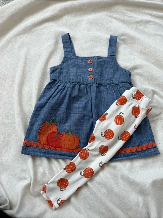 Gymboree Blue Chambray Pumpkin Dress with White Pumpkin Leggings