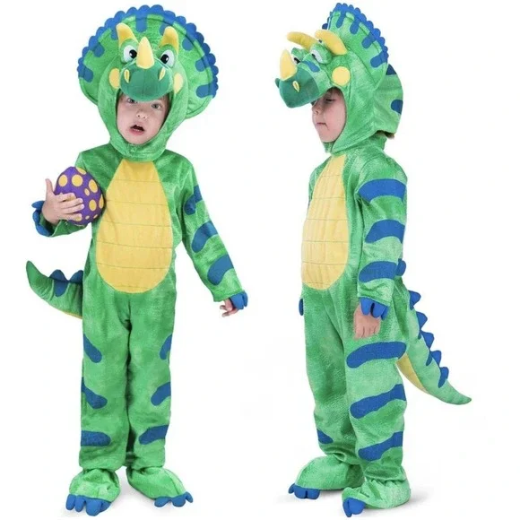 Kids Triceratops Dinosaur Costume Green Plush Jumpsuit Hood and Egg Accessory 3T