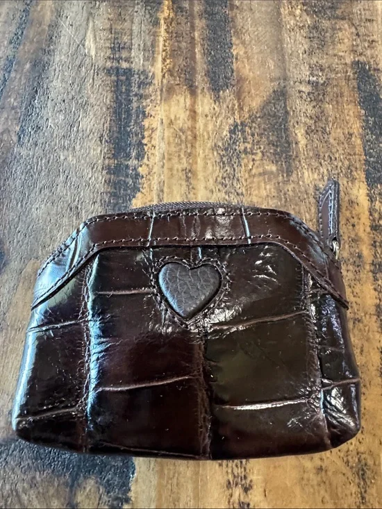Brighton Chocolate Croc-Embossed Leather Coin Pouch with Heart Accent
