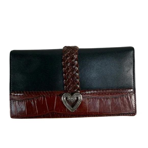 Brighton‎ OS Wallet Tri-Fold Western Heart Braided Croc Leather Black Brown Vtg