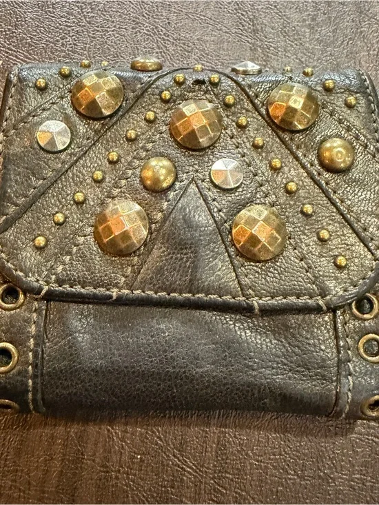 Vintage Betsey Johnson Studded Leather Trifold Wallet Olive Green