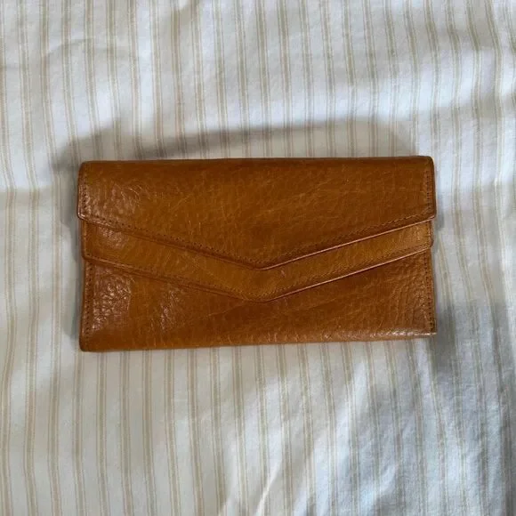 Vintage tan leather trifold envelope wallet