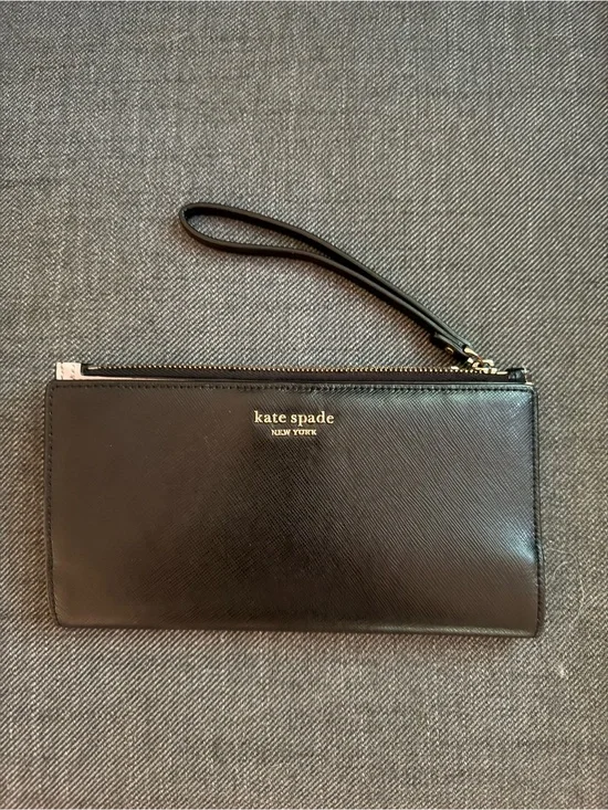 kate spade Black Leather Zip Wristlet with Gold Logo