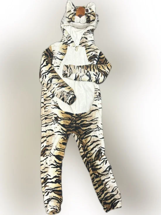 Kids Tiger Plush One-Piece Hooded Brown/White Suit | Sz 7-8