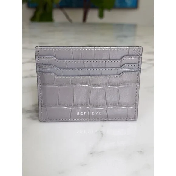 Senreve Carte Folio Dragon Croc Embossed Leather Card Holder Storm Gray