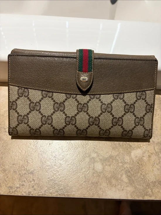 Gucci Brown GG Monogram Continental Wallet with Red-Green Web