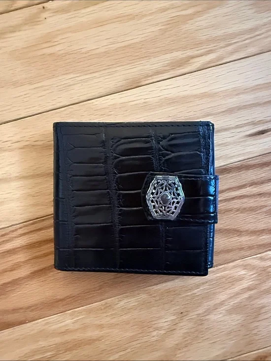 Brighton Black Croc-Embossed Leather Bi-Fold Wallet with Silver Accent