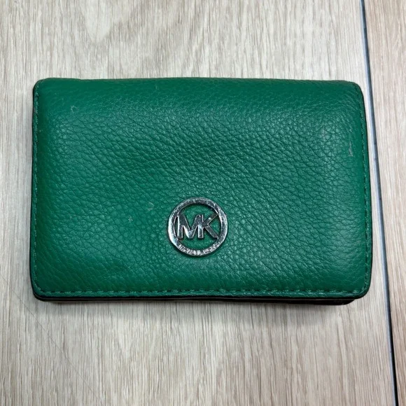 Michael Kors Green Pebbled Leather Bifold Wallet Silver MK Logo ID Window