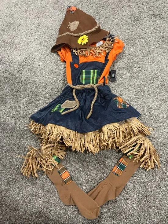 Girls Orange & Navy Scarecrow Costume with Hat and socks size 7/8