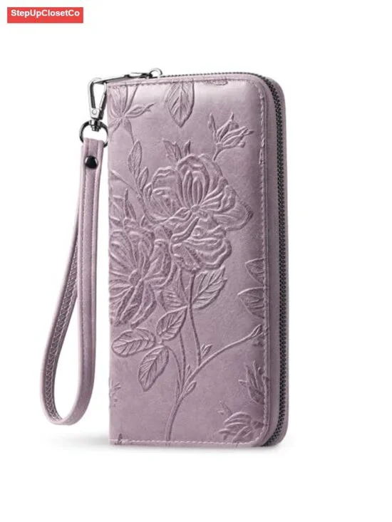 Large Capacity Vegan Leather RFID Wristlet Wallet with Detachable Strap