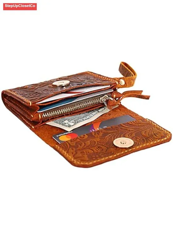 Handmade Leather Wristlet Wallet with Floral Tooled Design, Card Holder & Coin