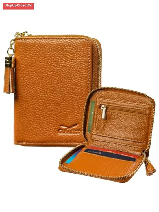 Genuine Leather RFID Blocking Bifold Wallet with Coin Pocket & Zipper