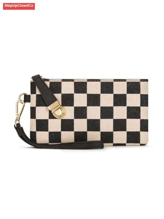 Small Checkered Wristlet Wallet with Detachable Strap, Lightweight and Portable