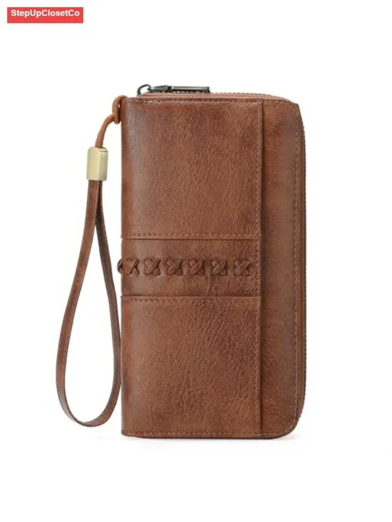 Vegan Leather Zip Around RFID Blocking Wristlet Wallet for Women