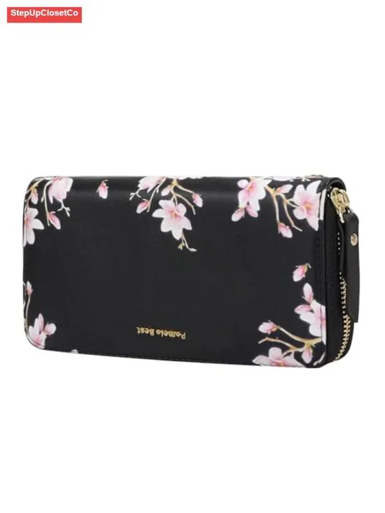 Wristlet Wallet Floral RFID Blocking Clutch Purse Faux Leather with Detachable