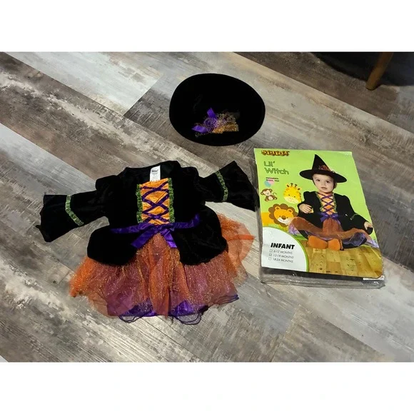 Spirit Halloween Lil Witch Infant Costume Dress and Hat Set Black Orange 12-18M