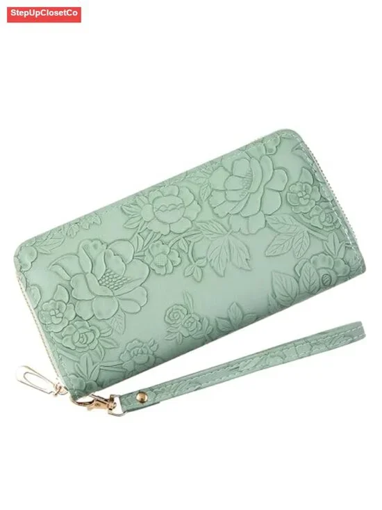 RFID Wristlet Wallet Women Floral Faux Leather Credit Card Holder Zip Around
