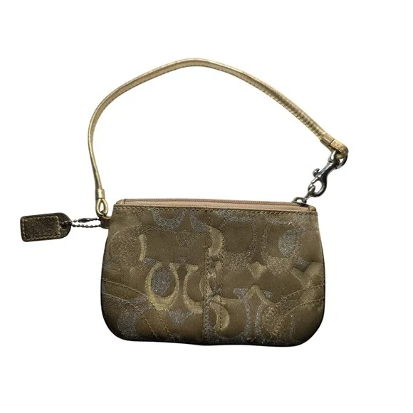 Coach Metallic Gold Signature Jacquard Canvas‎ Mini Wristlet Bag Purse