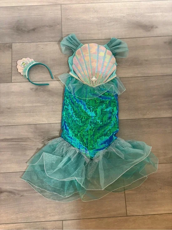 Mermaid Sequin Dress-Up Costume in Teal with Shell Headband - Halloween