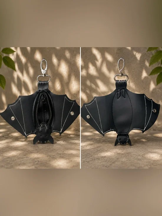Black Bat-Shaped Leather Keychain Pouch