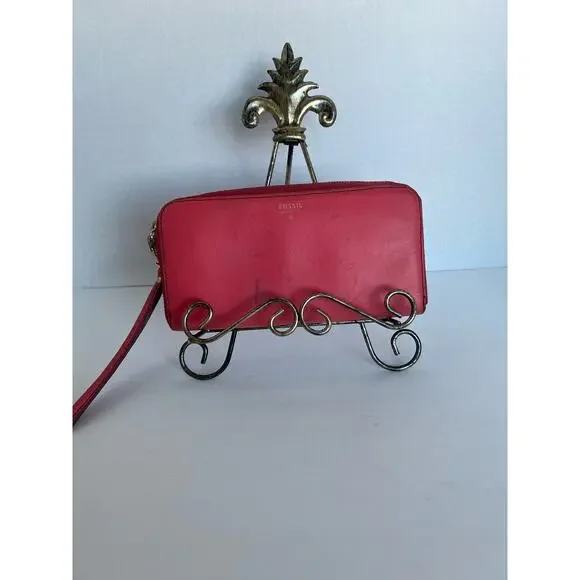 Fossil Wristlet Wallet Women‎ OS Coral Leather Zip Around Clutch