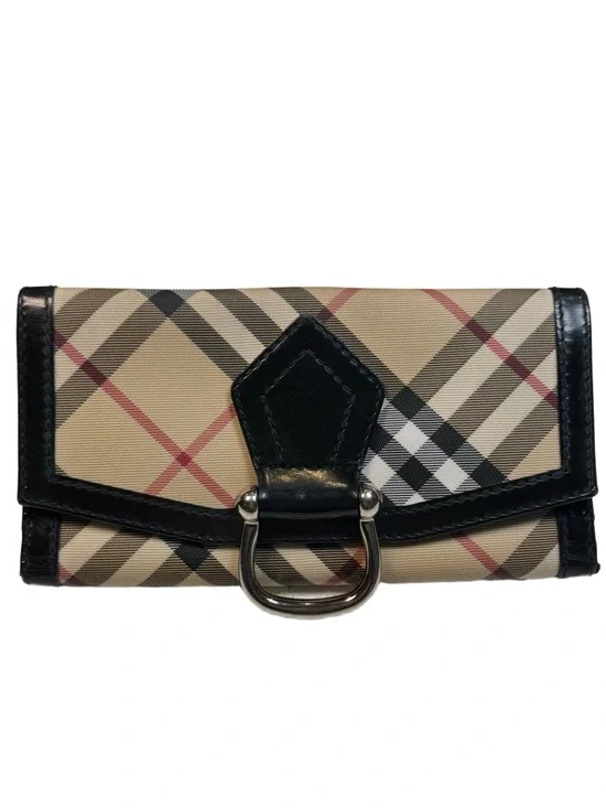 Vintage Burberry Nova Check Canvas Black Leather Stirrup Buckle Long Wallet