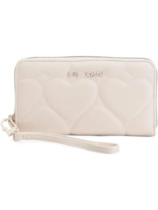 Quilted Heart Zip Around Wallet with Wristlet, Chalk Color, Detachable Strap