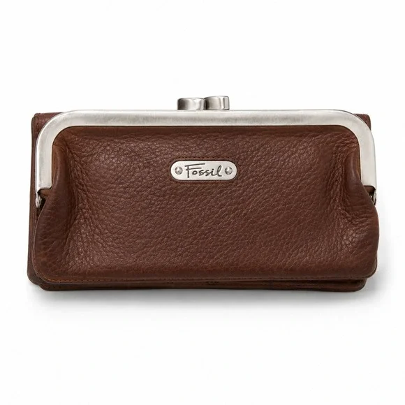 Fossil Kisslock Leather Clutch Wallet Brown Coin Pouch Card Holder Vintage