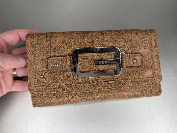 Vintage Guess Brown Faux Leather Textured Paisley G Logo Snap Y2K