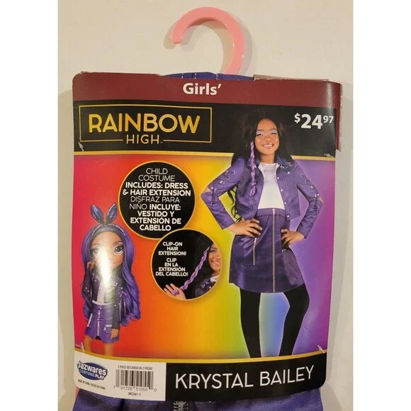 Rainbow High Krystal Bailey Girls Costume Size XS 4/5 Dress & Hair Extension