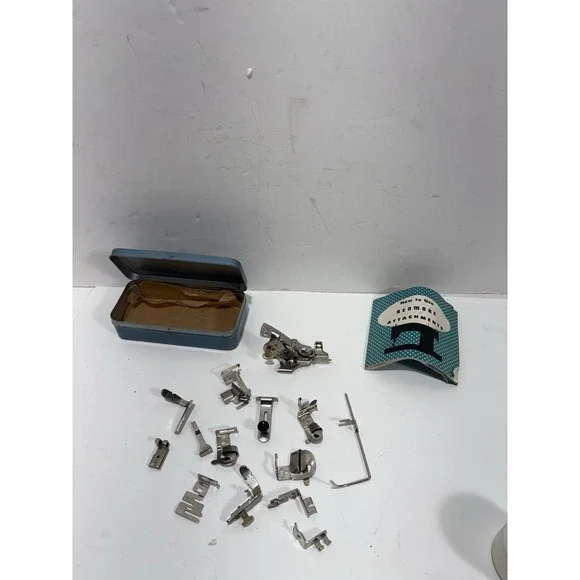 Vintage Sewing Machine Greist Attachments Parts Accessories‎ LOT Of 14 w Tin Box